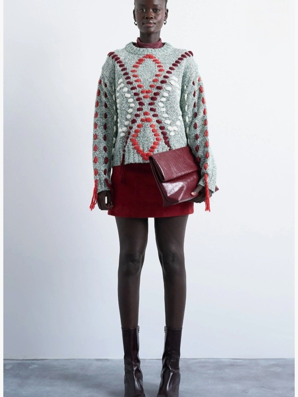 Topshop Mint Green and Maroon Open-Knit Sweater